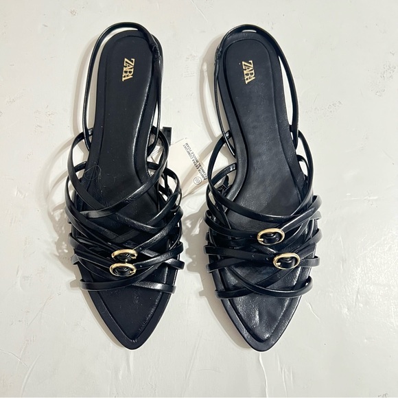 Zara Black Cross Strap Flat Sandals Size 8 - Picture 7 of 10